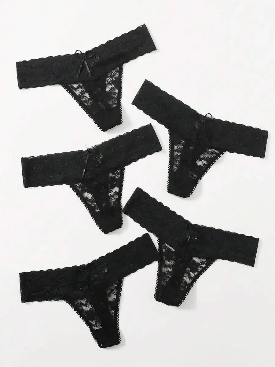 

5 Pack Black Lace Scallop Trim Thong Panties For Women