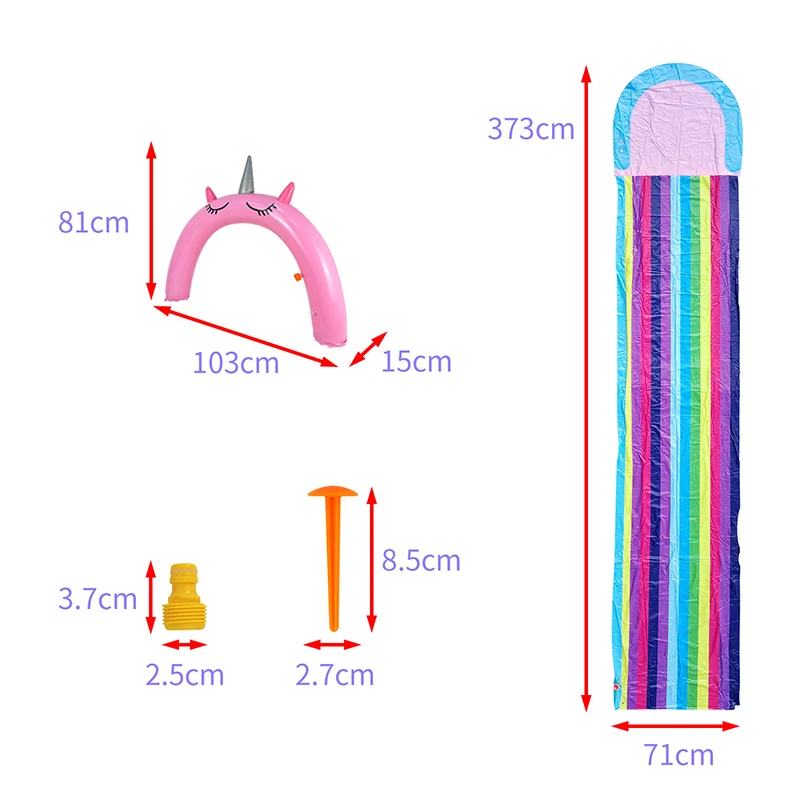 Tobogán de agua de unicornio para césped de 12 pies, arco iris con pulverización y almohadilla de choque inflable para niños, juegos de piscina, juguetes de agua rociadores