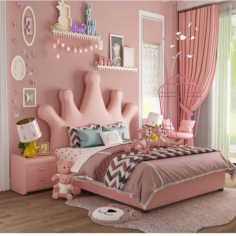 Children's bed girl dream pink girl princess bed simple crown single bed leather 1.5 meters Nordic leather bed