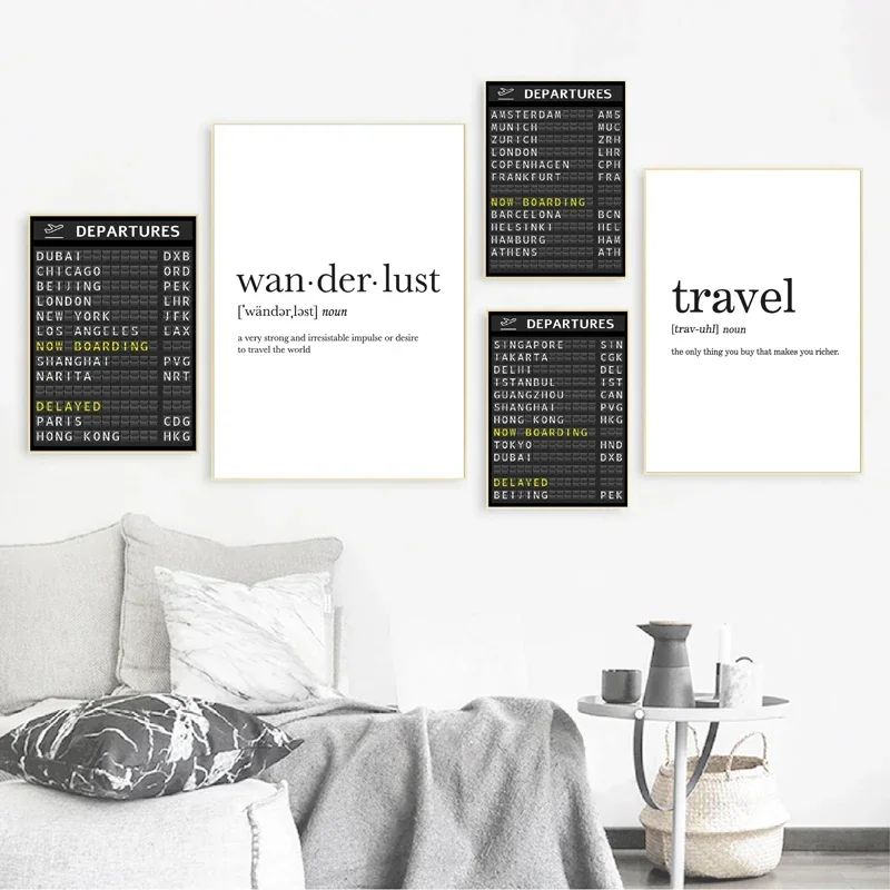 Canvas Painting Airport Board Posters Destination Travel Board Quotes Traveler Wall Art Pictures Room Decor Home Decoration