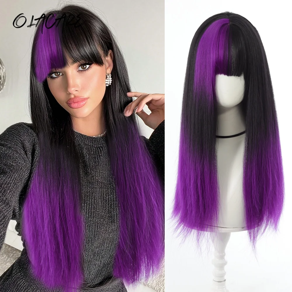 

OLACARE Synthetic Long Straight Lolita Wig with Black Cute Blonde Brown Cosplay Purple Bangs Wig Party Halloween Harajuku Wig