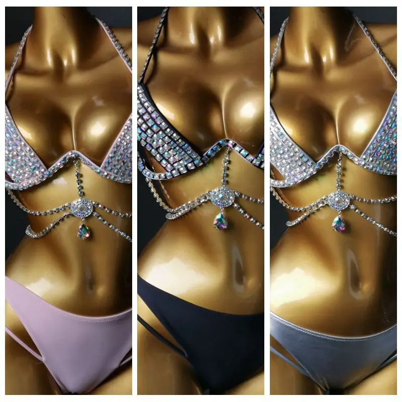 

2023 New Steel Holder Hard Cup Bikini, Diamond Swimwear Silver Sparkling Tassel Nightclub Clothing Fitness Performance Bikini