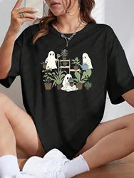 Halloween Ghost & Plant Graphic Womens T-Shirt - Casual Loose Fit Round Neck Tee with Short Sleeves - Perfect for Sports