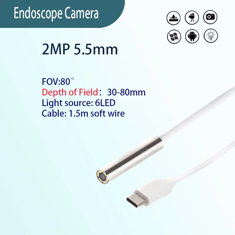 

2MP 5.5mm FOV80° HD endoscope Camera for industrial pipeline inspection 1.5m Type-C Soft wire industrial endoscope probe