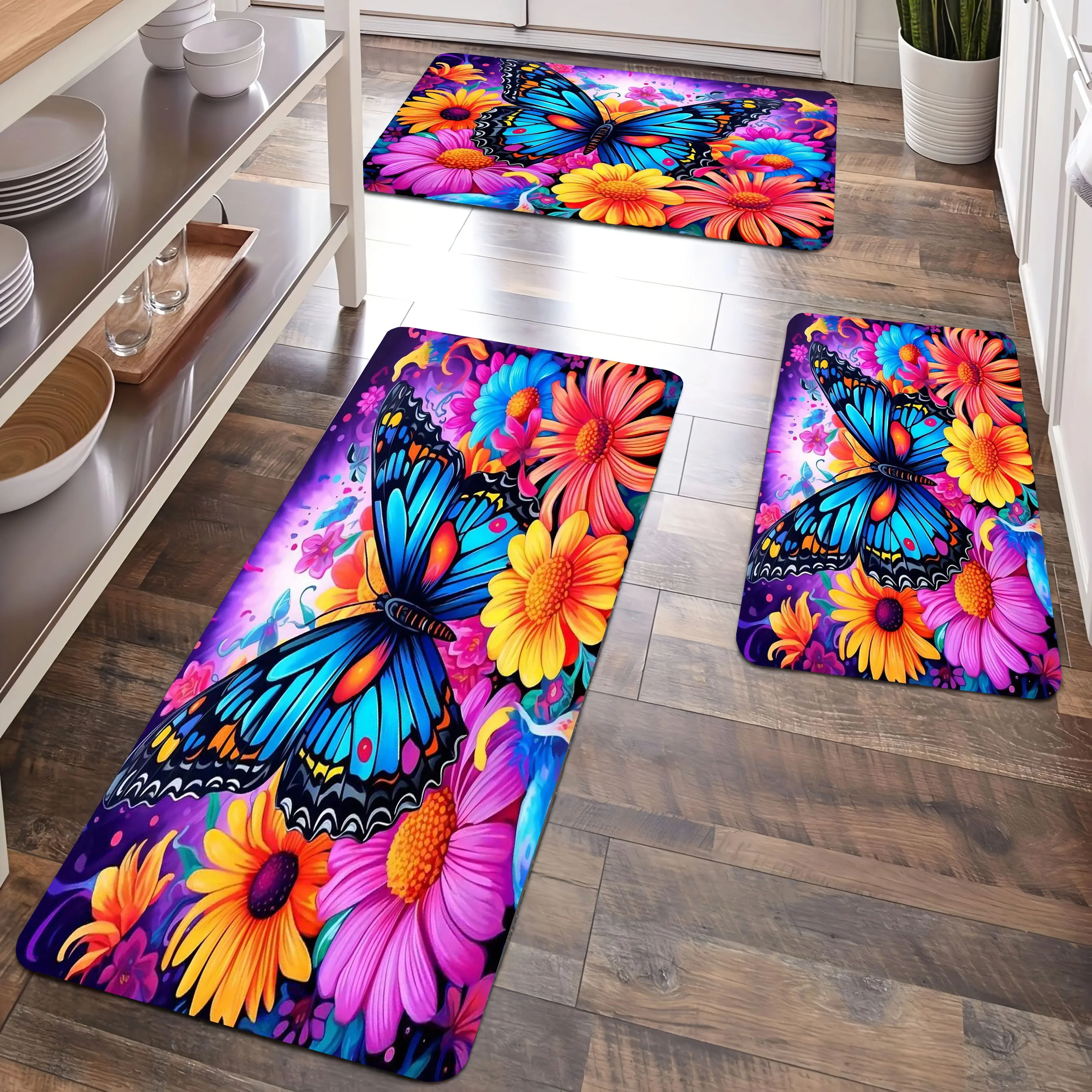 

Colorful Butterfly Flowers Pattern Kitchen Carpet Bathroom Mat Non-silp Flannel Doormat for Home Decorative Accessories Floorpad