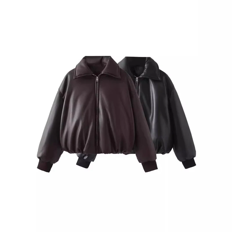 

Fall Winter Faux Leather Jacket For Women Oversized Padded Short Bomber Coat Cotton Lined Warm Streetwear For Travel Gift