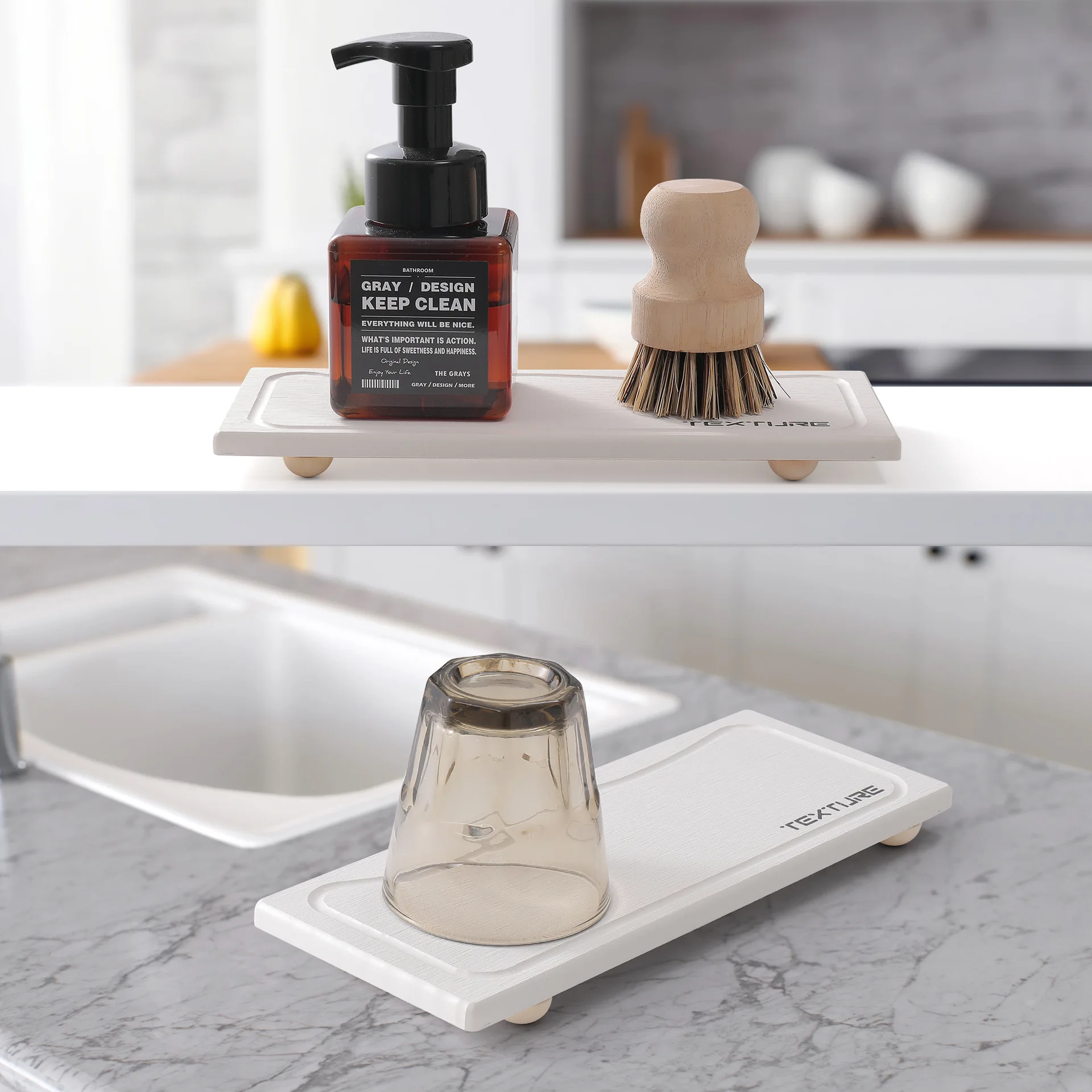 

2PCS Quick Dry Diatom Mat Sink Draining Countertop Pad Stone Coaster Cup Mat with Wood Feet Stone Tray Pad Home Good