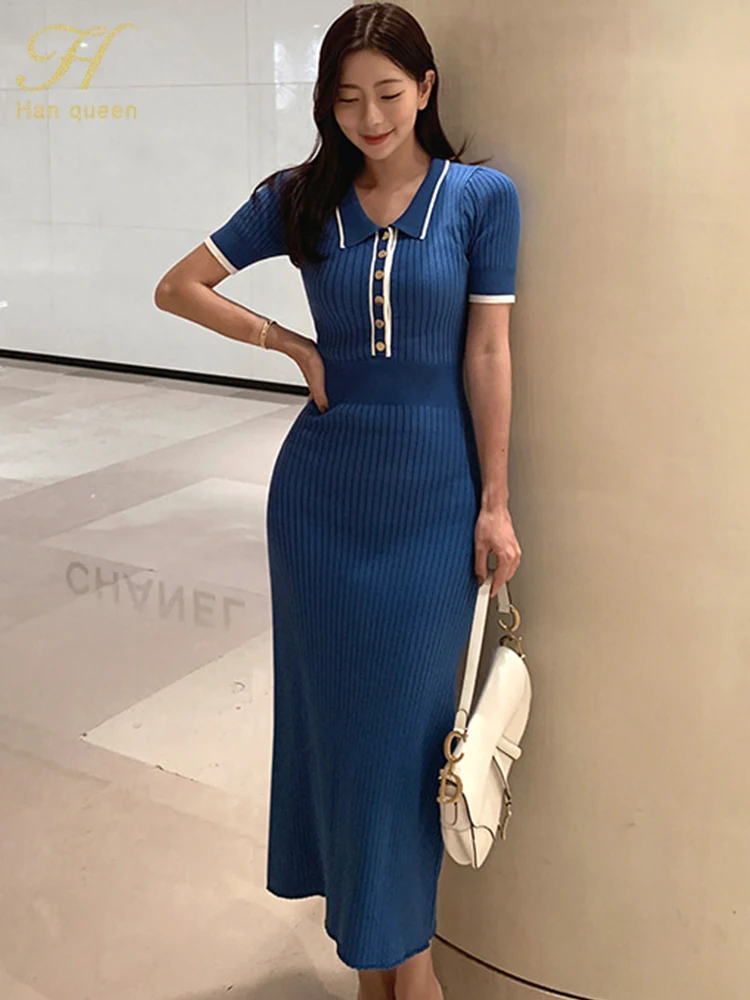 H Han Queen Summer Vintage Long Dresses Women Knitted Pencil Elegant Evening Dress woman Korean Simple Casual Work Party Vestido