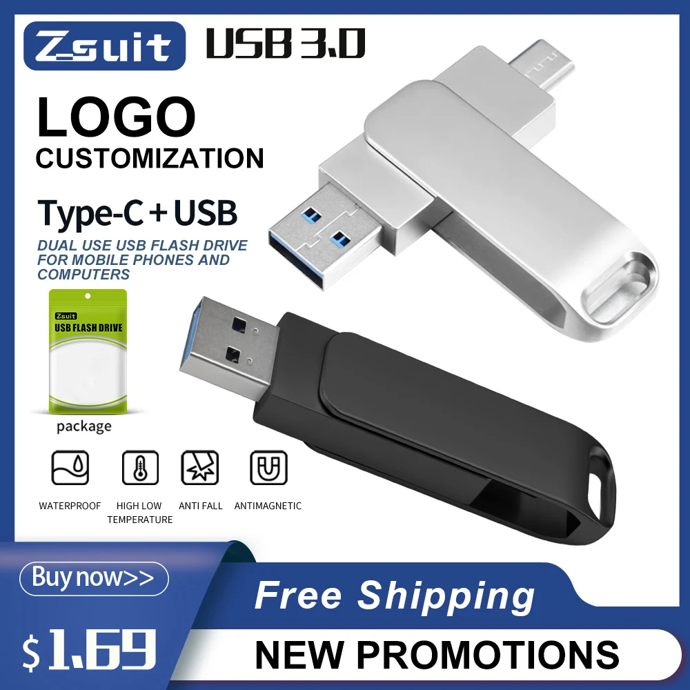 

Водонепроницаемый металлический флеш-накопитель Usb Type-c, 4 ГБ, 8 ГБ, 32 ГБ, 16 ГБ, 64 ГБ, 3,0/2,0