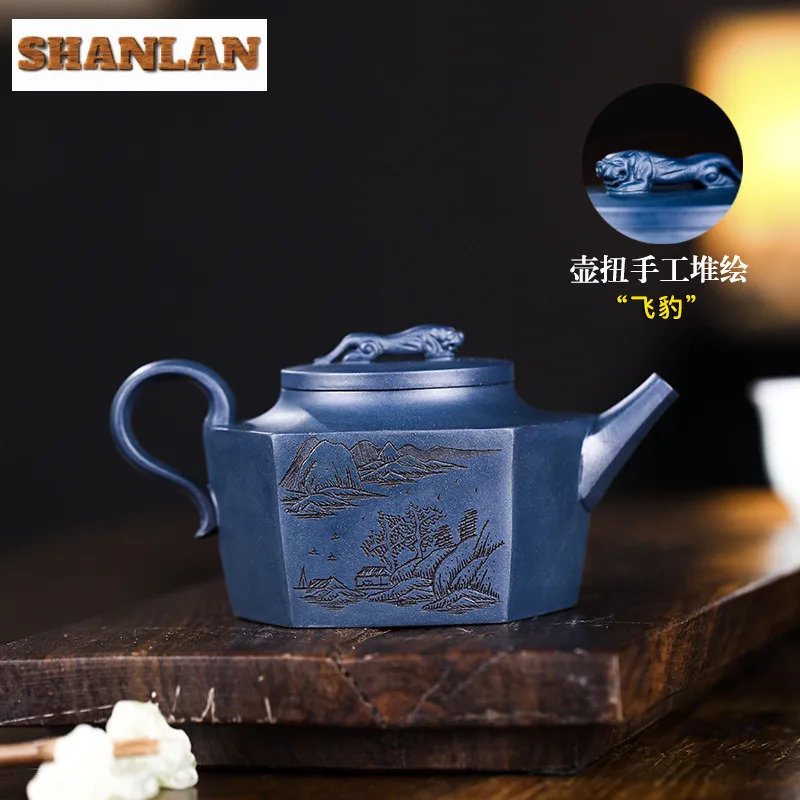 300ml Yixing Purple Clay Teapots Handmade Hexagonal Flying Leopard Pot Raw Ore Azure Mud Tea Maker Kettle Infuser Zisha Tea Set