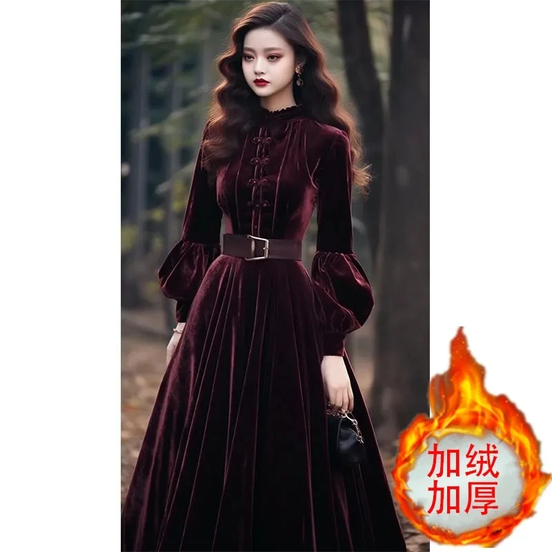 Autumn Winter Women\'s Velvet Dress New Fashion Evening Party Long Dress Style Super Beautiful Purple Red Velvet Dresses Vestidos