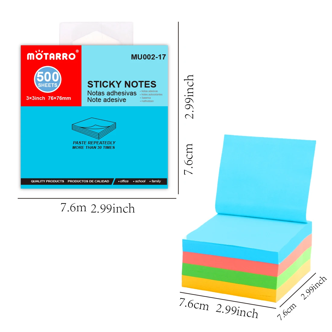 MOTARRO 500 Sheets Fluorescent Color 3*3inch Sticky Note Posted Planner Sticker Notepad Memo Pad School Office Supplies