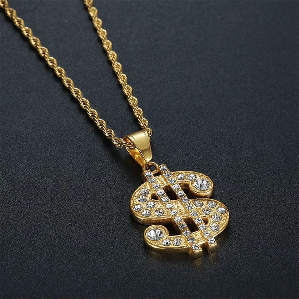 

Mens Hip Hop Rapper Gold Color Iced Out Bling Dollar Sign Pendant Stainless Steel Money Necklaces With Rope Chain Jewelry