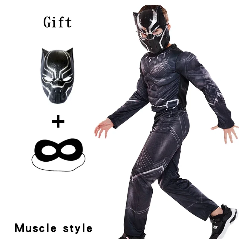 SN60 Carnival Kids Muscle Black Panther Cosplay Costumes Attached Mask Boys Girls Party Fancy Dress No Boots1@j$