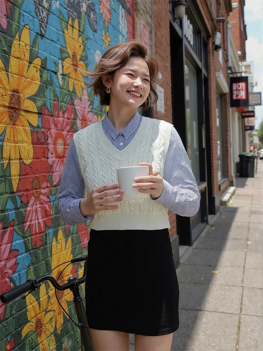 

Женские вязаные жилеты, однотонные, зеленые, белые, в корейском стиле, без рукавов, в консервативном стиле, универсальные, повседневные, модные, осенне-мешковатые, шикарные