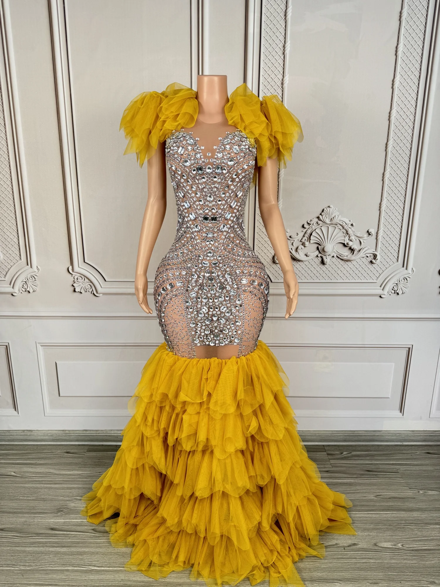 

Huolieniao Elegant Silver Rhinestone Yellow Tulle Mermaid Sheer Mesh Bodycon Maxi Dress Formal Evening Prom Party Gown for Women