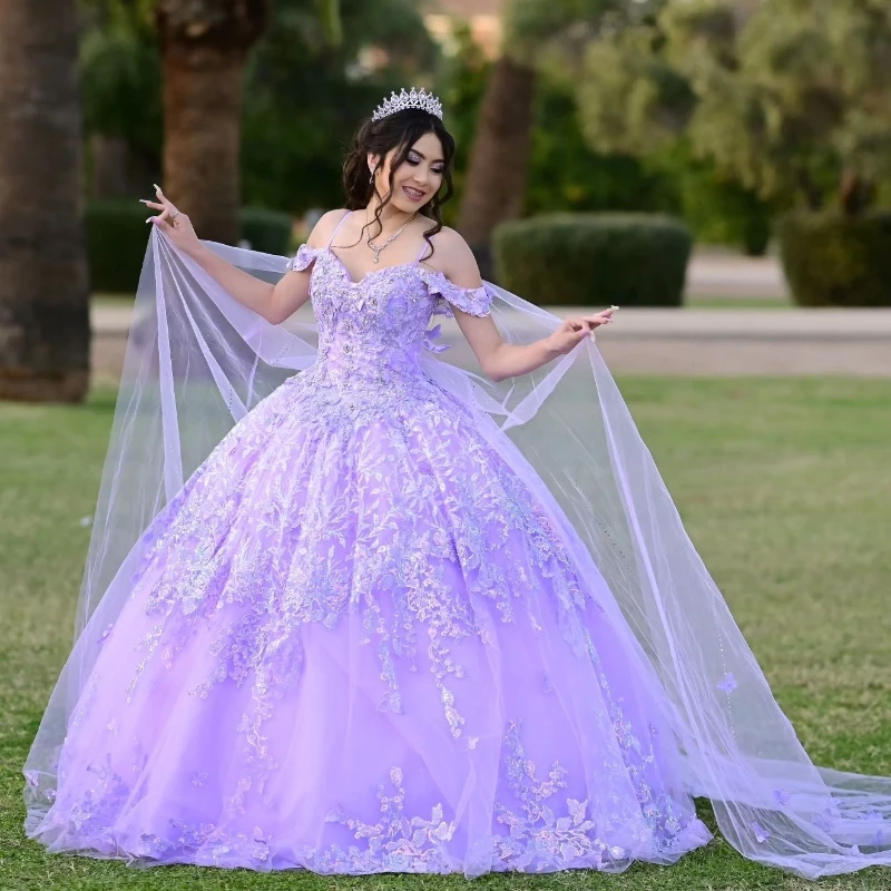 Lavender Princess Quinceanera Dresses Ball Gown Off The Shoulder Floral Lace Beads Corset Sweet 15 Vestidos De XV Años