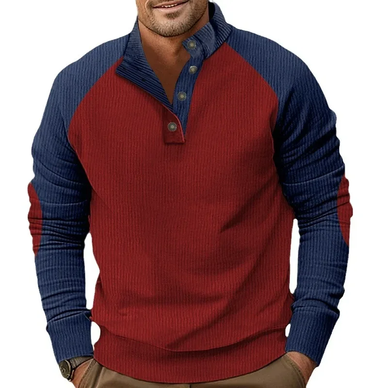 2024 Autumn and Winter New Men's Casual Standing Neck Button Down Collar Corduroy Elbow Patches Long Sleeved Sweatshirt