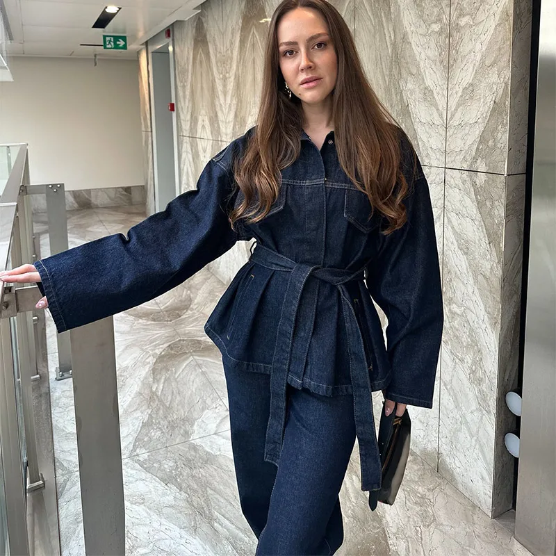 

2026 Spring/Autumn Women Lapel Single Breasted Jackets High Waist Straight Pant Lady New Set Vintage Belt Denim Jacket Pants Set