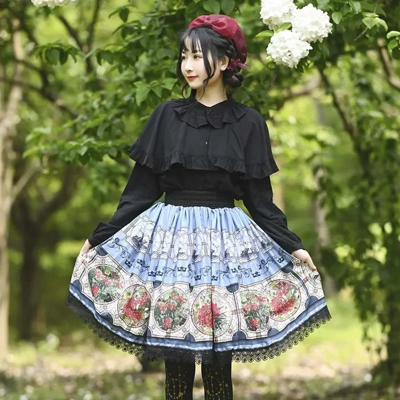 Black Lace Gothic Lolita SK Multicolor Stained Glass Print Lolita Skirts