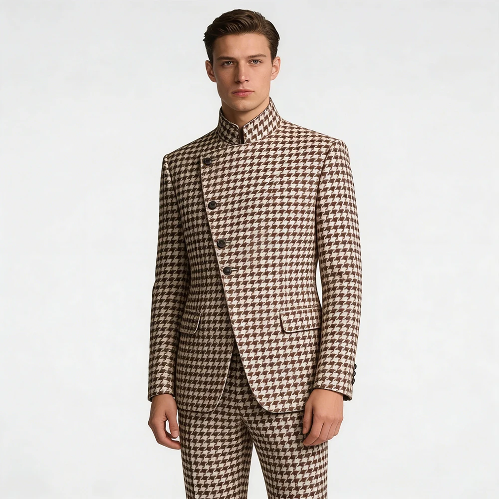 

Fashion Men's Suits Male Clothing Elegant Single Breasted Stand Lapel Slim 2 Piece Jacket Pants Full Sets Costume Homme