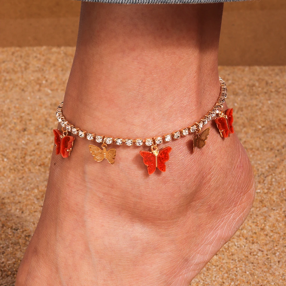 Aihua Modische Kristall-Tenniskette mit Schmetterling-Anhänger für Damen, Barfußkette für Fuß und Knöchel, Armband, Strand-Schmuck, Geschenke – Detail 1