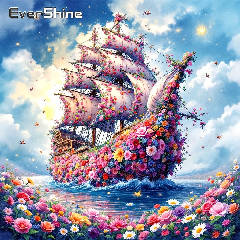 EverShine Diamantmalerei Landschaft am Meer Vollquadrat-Stickerei Boot Strass Rosenblüte Einzigartiges Handgemachtes Geschenk