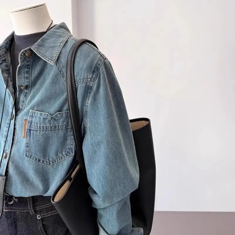 Camisa vaquera azul estilo Retro de Hong Kong diseño de otoño e invierno abrigo nuevo camisa Top