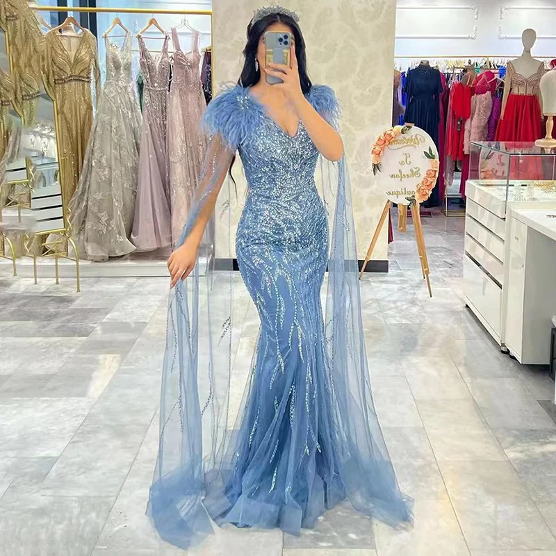 Luxury Beads Evening Dresses for Arabic Dubai Women Tulle V-Neck Floor-Length Mermaid Prom Special Events Gala Elegant Maxi 2023