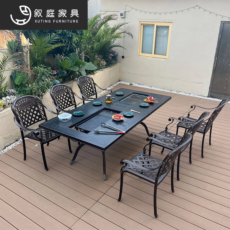 Outdoor barbecue table and chairs courtyard open-air carbon grill villa garden leisure home European outdoor cast aluminum elect