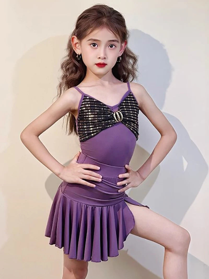 Combinaison de danse latine pour enfants filles, bretelles Spaghetti et jupe fendue plissée, vêtements de danse, Costumes de compétition d'entraînement en salle de bal