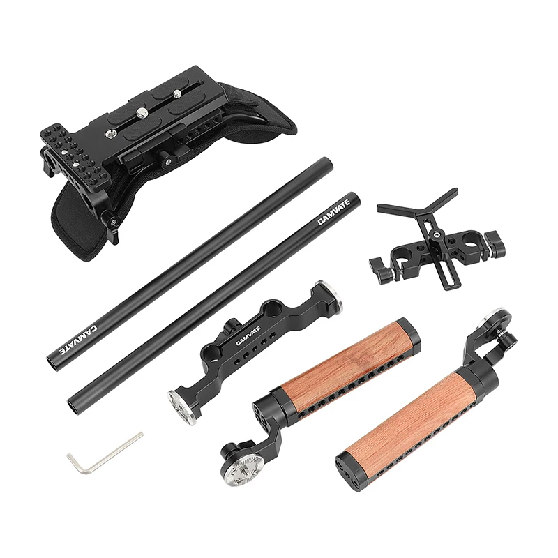 HDRIG 2023 New Shoulder Mount 15mm Railblock Rig with QR Plate Wooden Handgrip & Lens Support For DSLR Cameras Camcorders