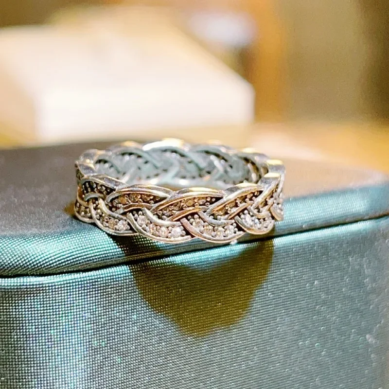 

Retro 925 Sterling Silver Women Ring With 3A Zircon Fashion Hip Hop Rock Unisex Woven Twists Black Finger Ring Punk Gift