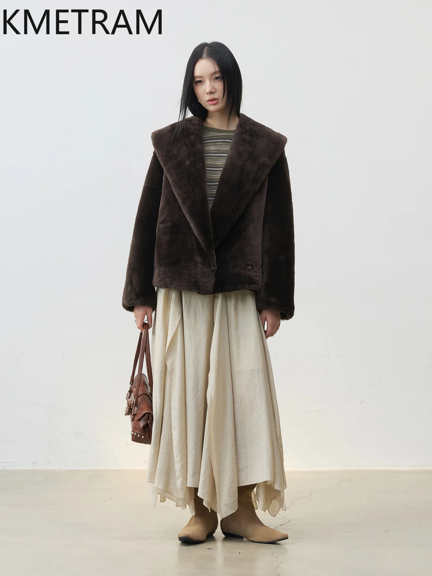 سترة KMETRAM من جلد الغنم ميرينو الطبيعي مع طية صدر السترة المرفقة من الصوف سترة قصيرة من الفرو الحقيقي ملابس نسائية شتوية جديدة في معاطف شبابية نسائية #5