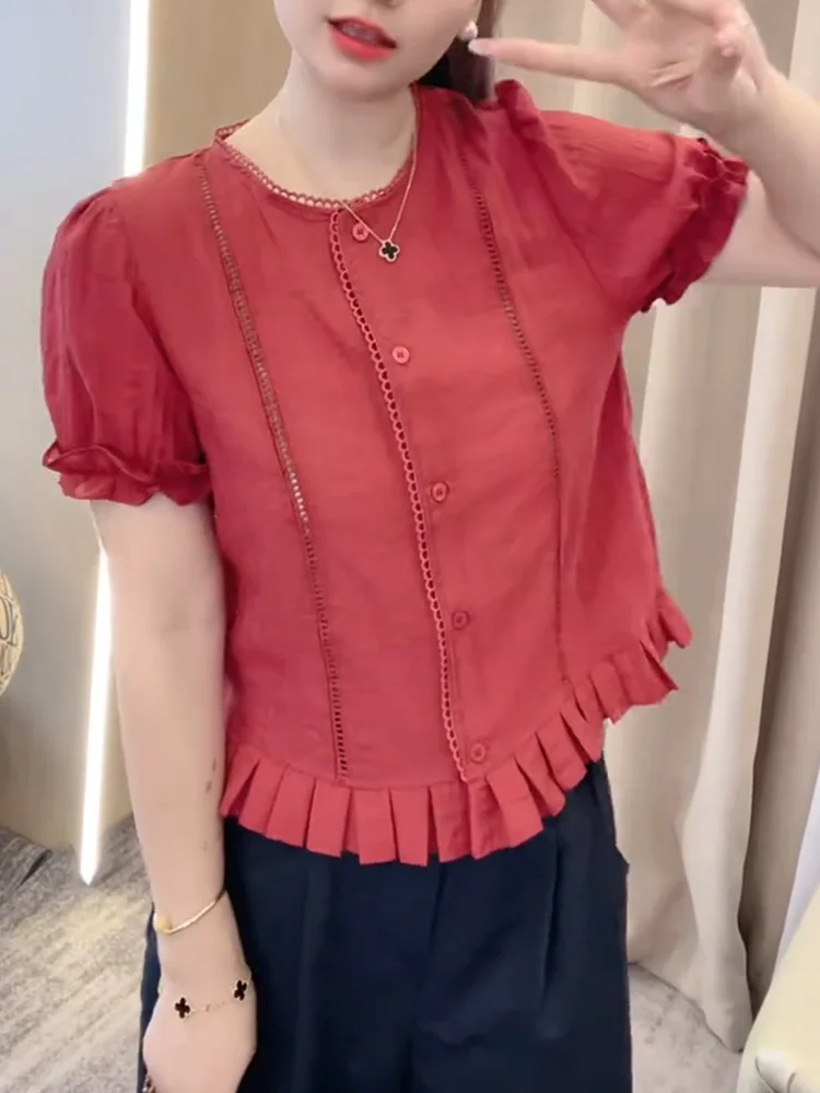 

Ele Sweet Lace ort Sve Top Age Defng Summer New plus Size Versatile Slimming Korean Sle Loose Fit Daily Wear