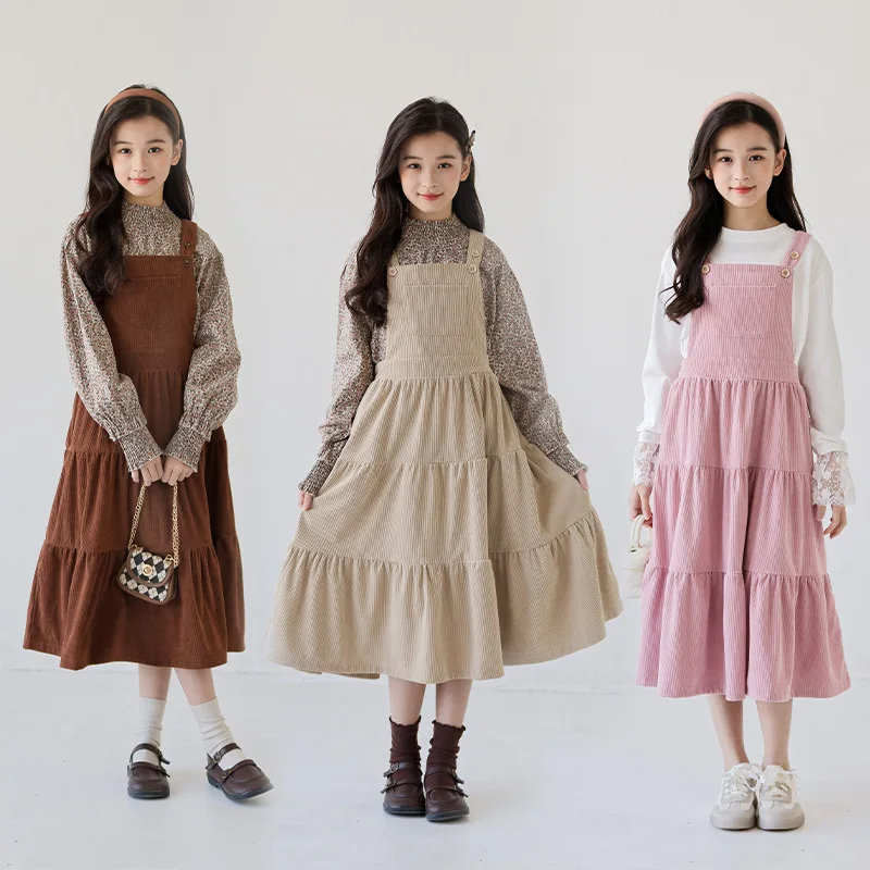 

Autumn 2025 Girls Corduroy Pinafore Dress Set Cottagecore Two-Piece Outfit With Floral Blouse Retro Vintage Jumper Skirt For Kid