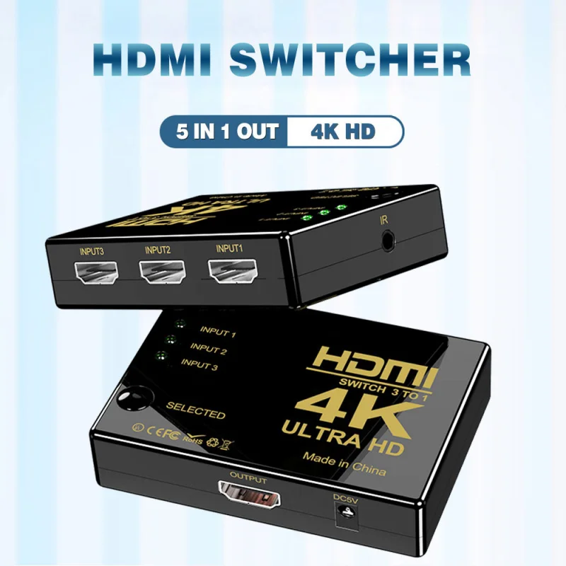 3 in 1 out HDMI HD Switcher 4K/1080P Signal Converter Distributor Supports Multi-Channel HDMI Signal Input Remote Control Switch