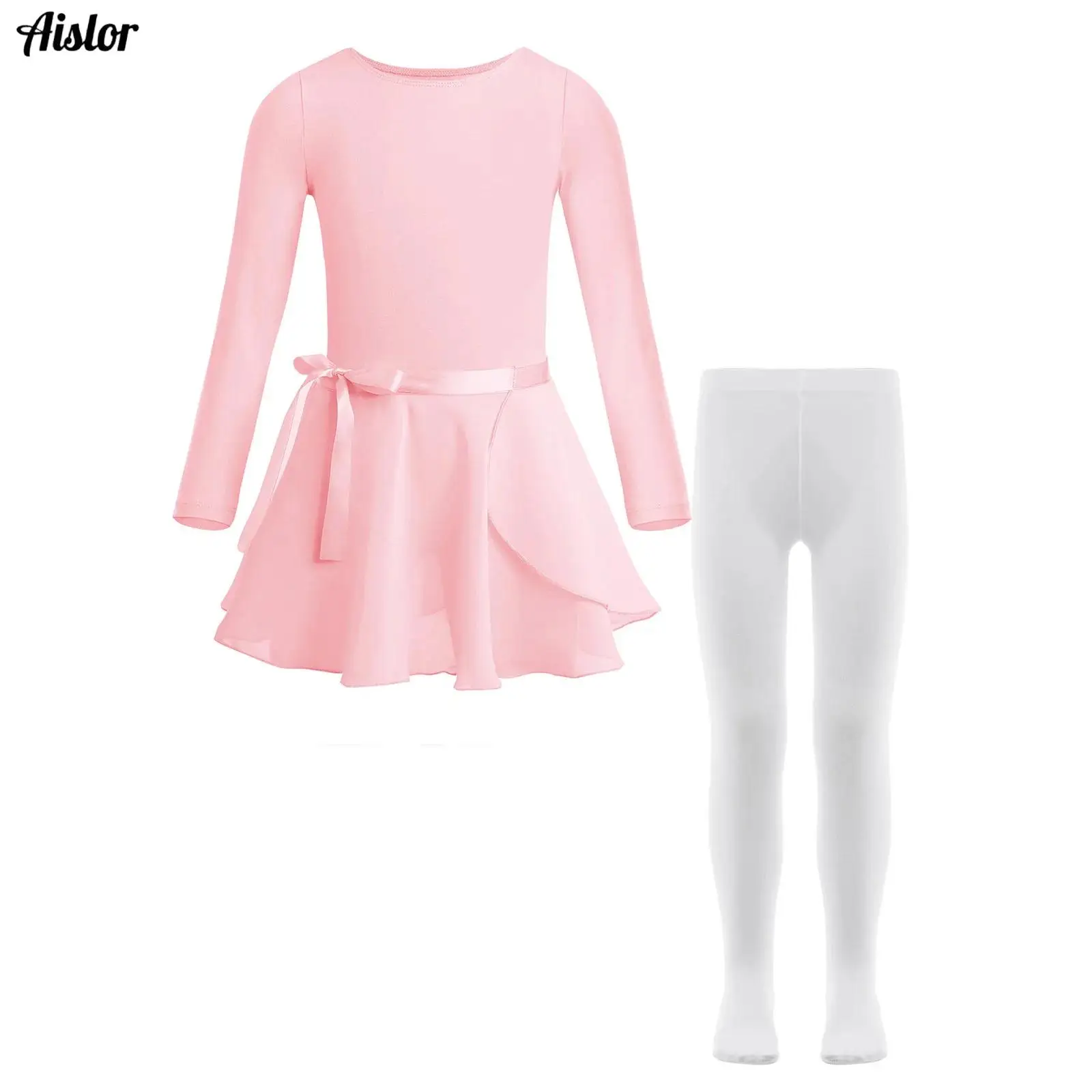 

Kids Girls Ballet Dance Leotard Gymnastics Workout Performance Outfits Long Sleeve Bodysuit+Tie Chiffon Skirt+Pantyhose Set