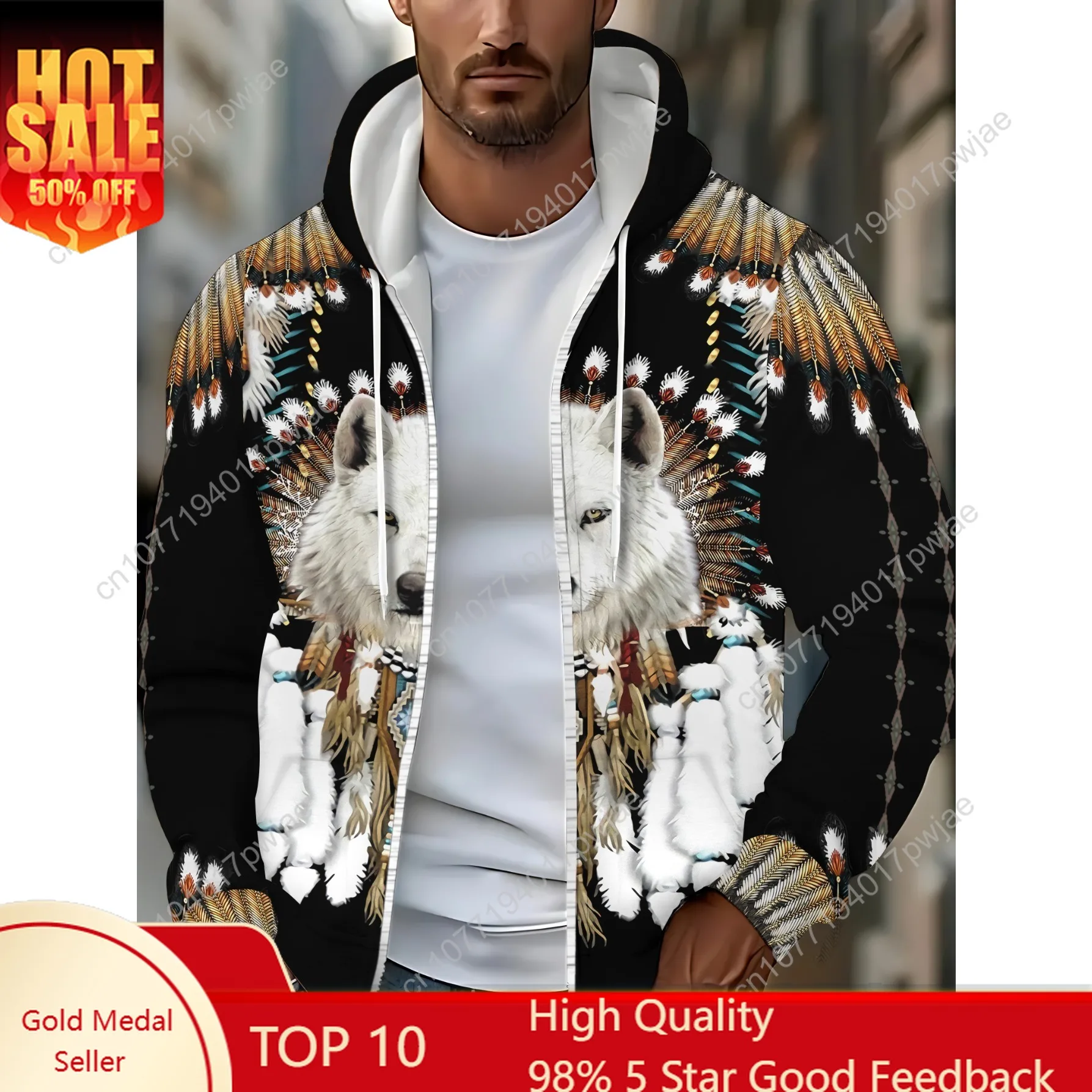 Boné masculino de manga comprida com zíper, moletom estiloso com design de lobo para atividades ao ar livre, cor preta com padrões vibrantes, assim