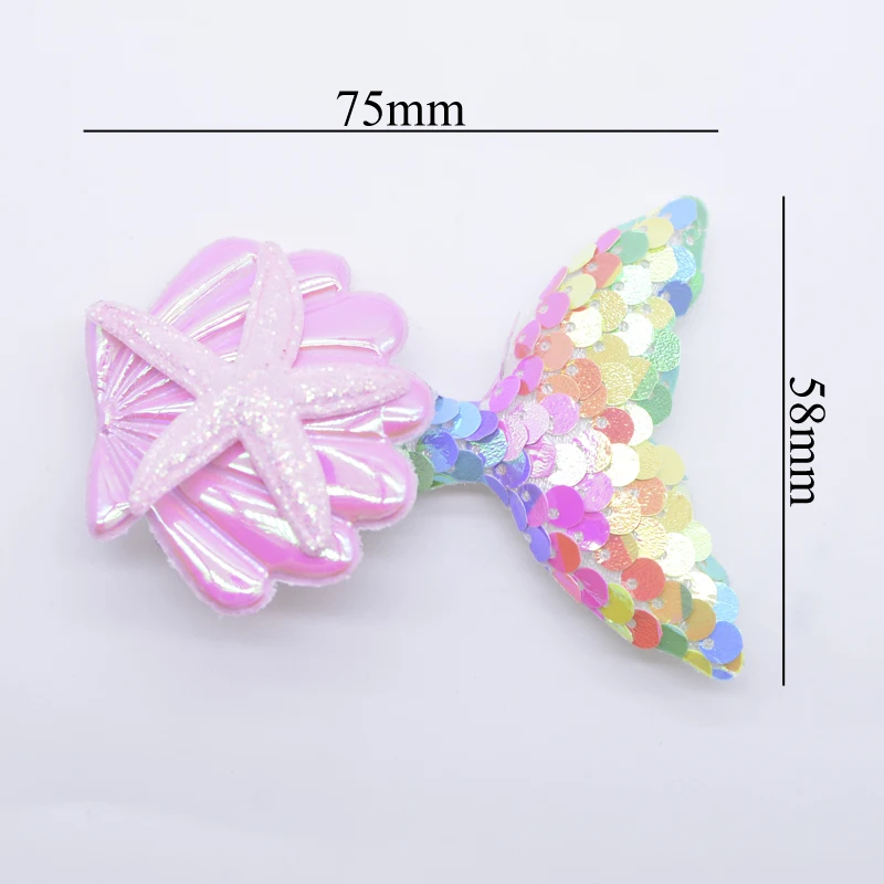 75*58mm Padded Sequins Mermaid Tail Shell Starfish Appliques for DIY Headwear Hair Band Clips Decor Clothes Hat Sewing Patches