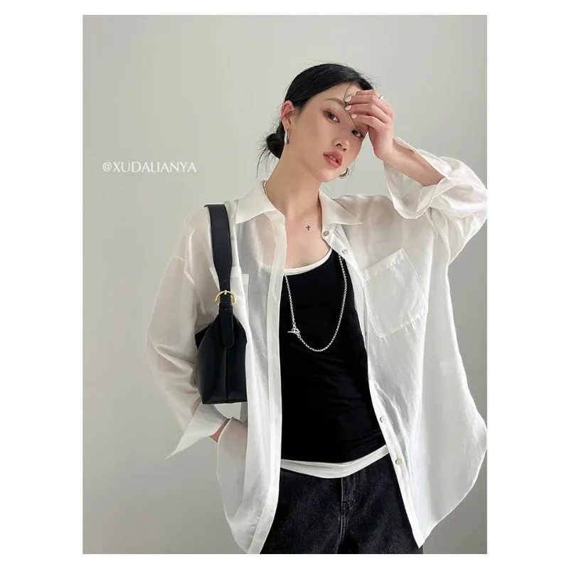 Camisas para mulheres 2025 nova versão coreana outono cor sólida drape camisa de proteção solar jaqueta fina temperamento topos para mulher