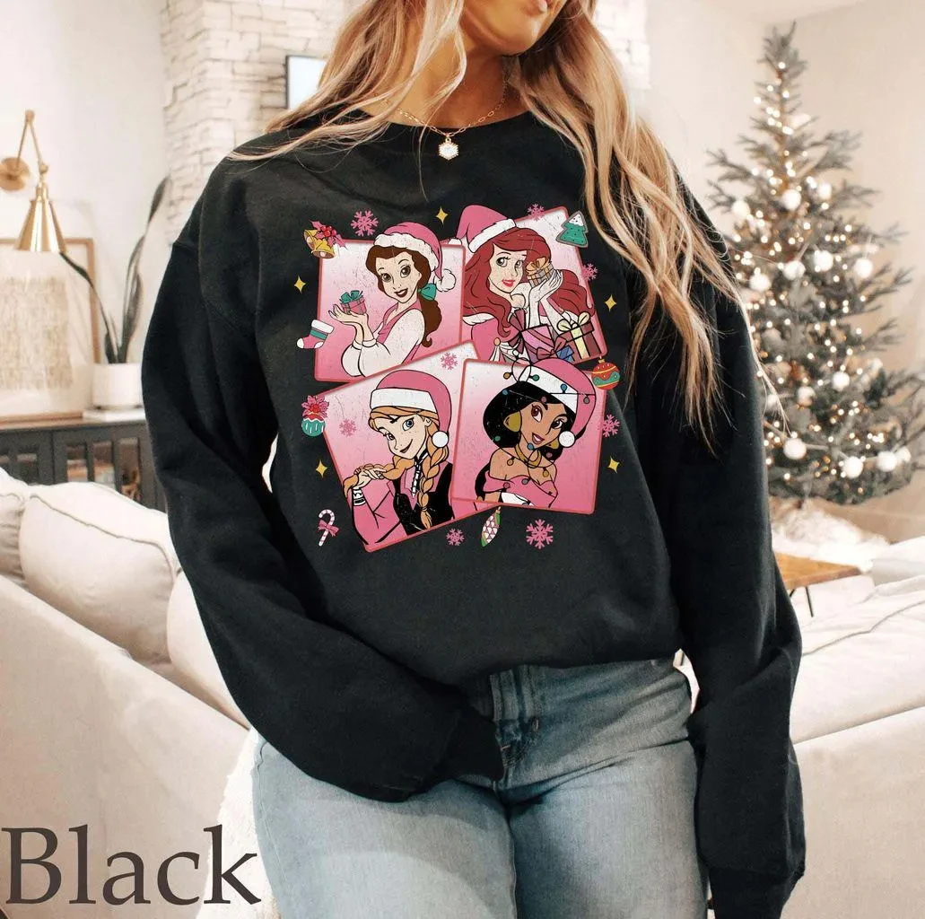 سويت شيرت عيد الميلاد الوردي لأميرات ديزني هدية العيد لمحبي أميرات ديزني المتطابقة مع تي شيرت عيد الميلاد الوردي للفتيات #4