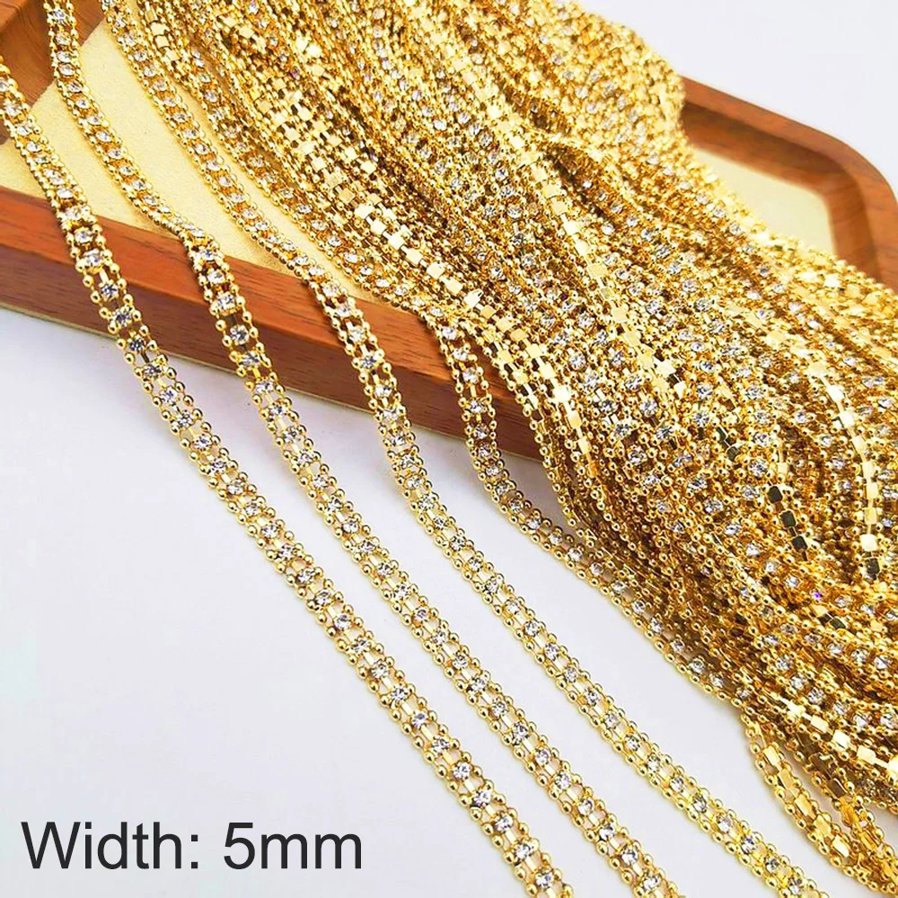 1 Yard/Lot Goldfarbene Strasskette zum Aufnähen, 3 Reihen Kristalle und Steine, Glasperlen, Körbchenkette, Klebe-Strass für Kleidung – Detail 3