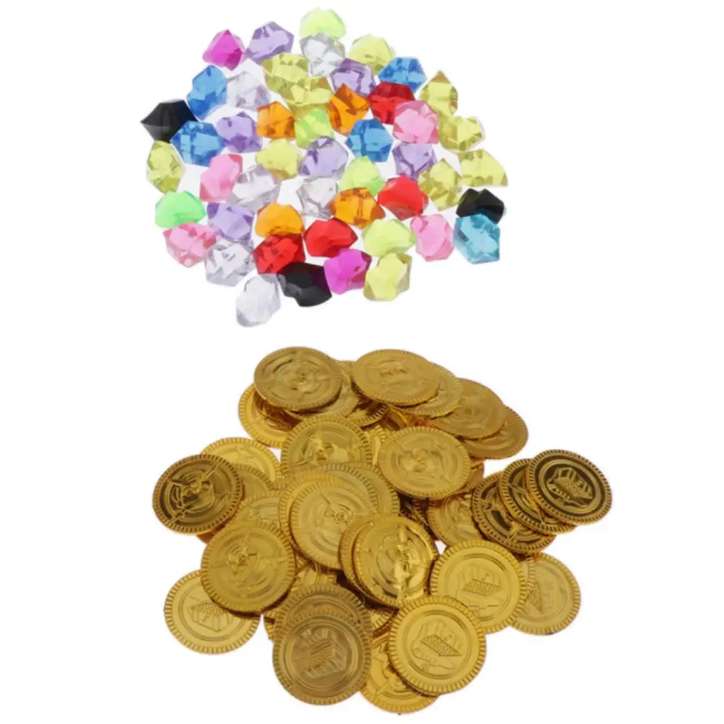Acrylic Pirate Gems and Plastic Gold Coins Playset Costume Accessory for Kids Pirate Party Game