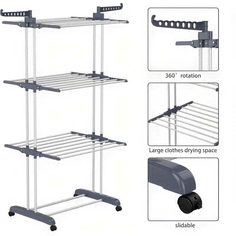 رف تجفيف واحد، ارتفاع 67.7 بوصة، رف ملابس قابل للطي، 4 طبقات من رف الملابس، رف تجفيف الملابس بأجنحتين جانبيتين - رمادي #5