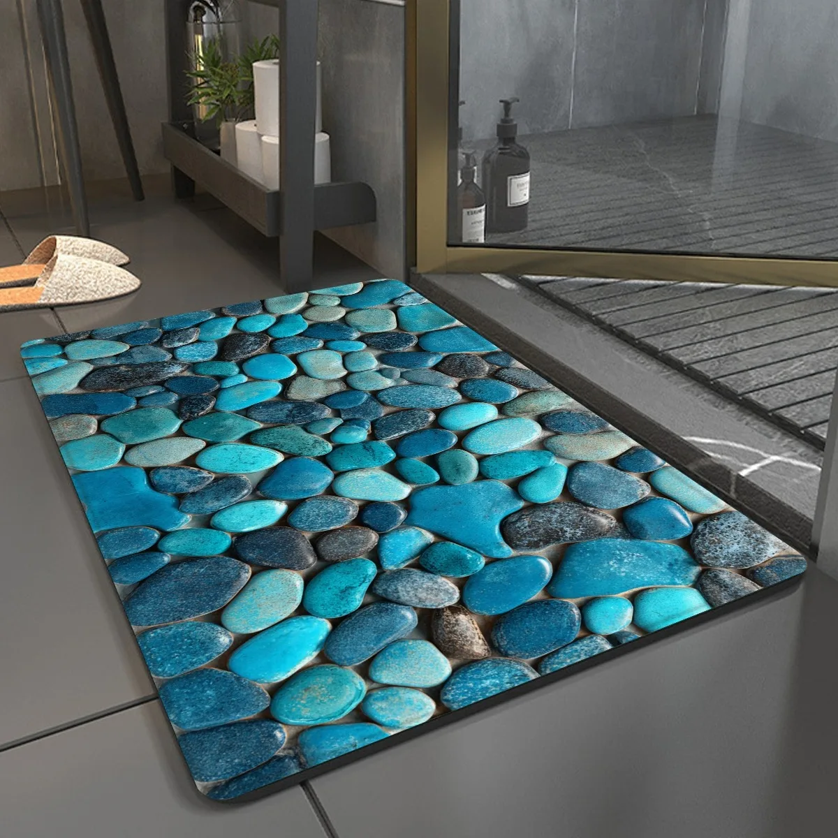 1pc 2D Flat Blue Green River Stones Pebble Texture Flannel Area Rug Non Slip Nature Spa Decor CarpetFor LivingRoom BathroomFloor