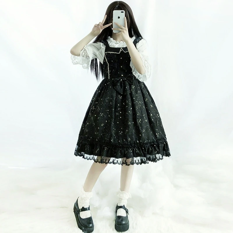 Kawaii Girl Gothic Lolita JSK Princess Loli JSK Cos Vintage Sweet Lolita Dress Cute Printing Fly Sleeve Lace Victorian Dress