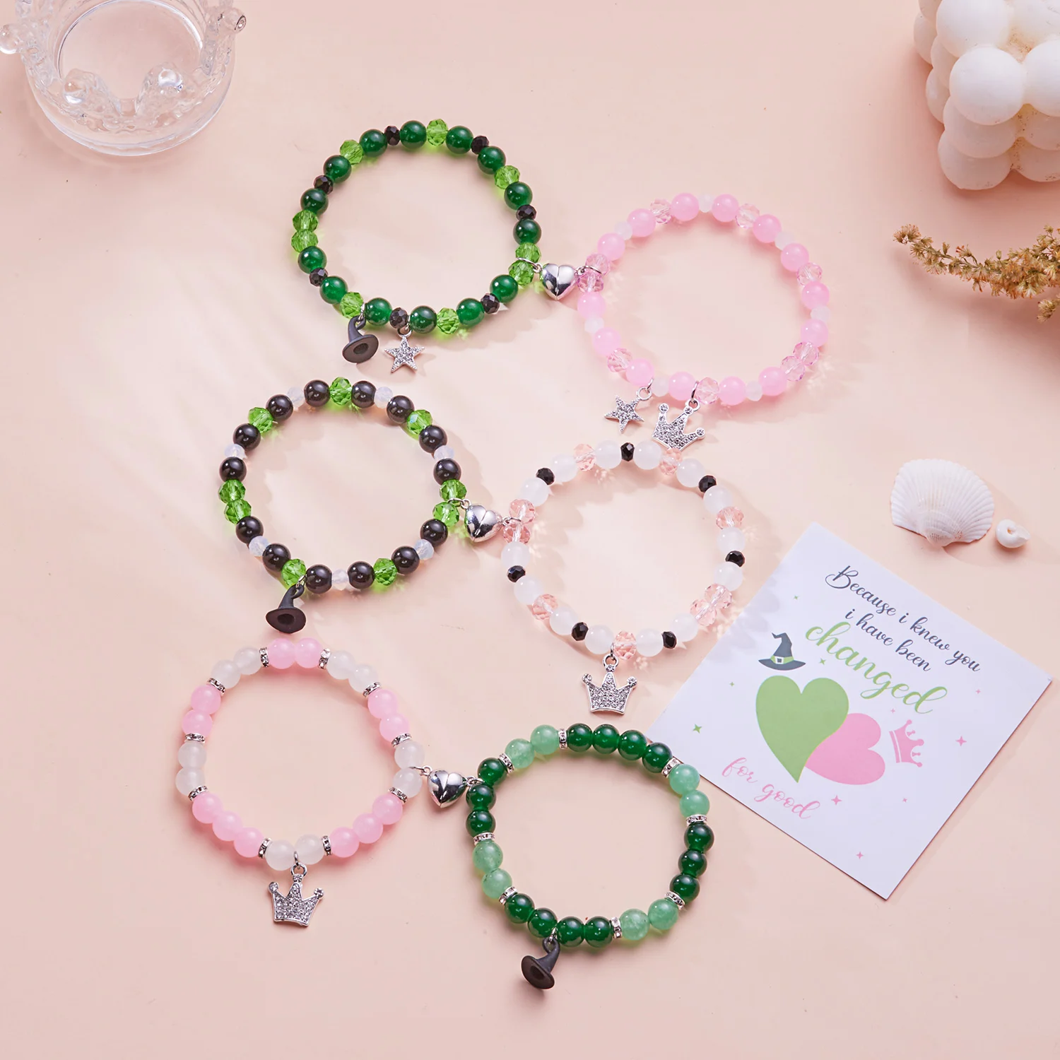 

Witch Princess Pendant Magnet Heart Couple Bracelets for Women Girls Pink Green Glass Beads Matching Chains Friends Jewelry Gift