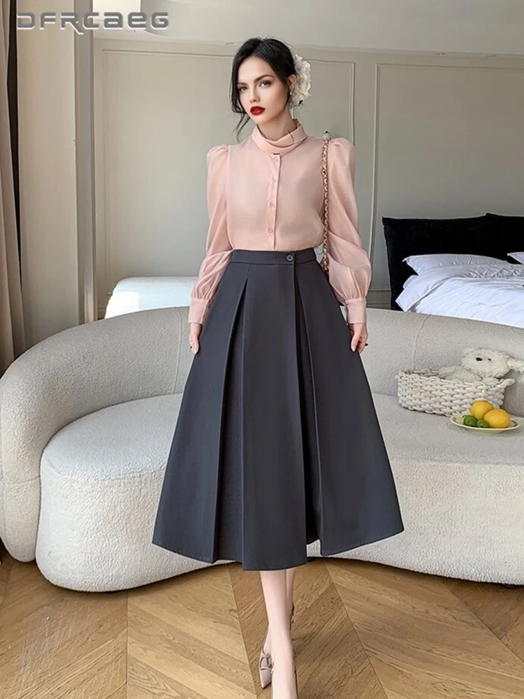Elastic Waist Gray Office OL Midi Pleated Skirts Woman Spring Autumn Elegant Casual Suits A-Line Skirt Lady