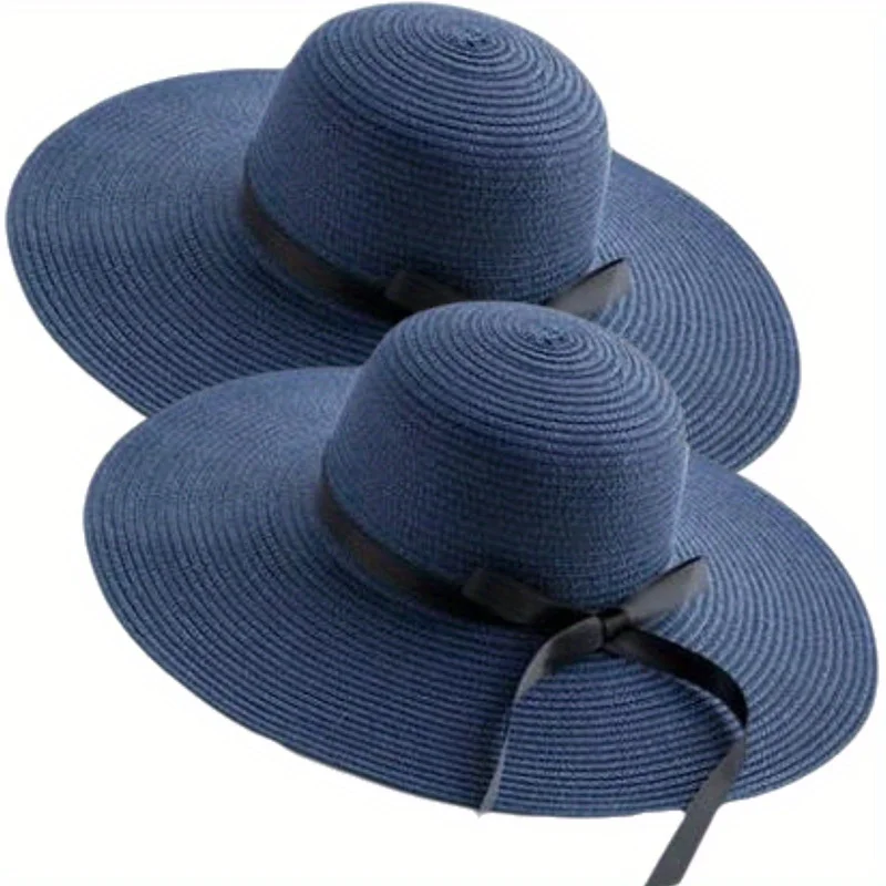 

2-Piece Women's Thin Bow Sun Hat Solid Color Wide-Brimmed Straw Hat Spring Summer Sun Protection Breathable Travel Beach Hat